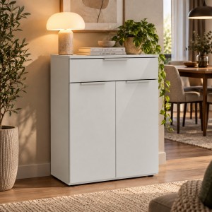 Vista ambientata Mobile base multiuso in legno con 2 ante e 1 cassetto colore "cashmere laccato" modello Stain Totò Piccinni