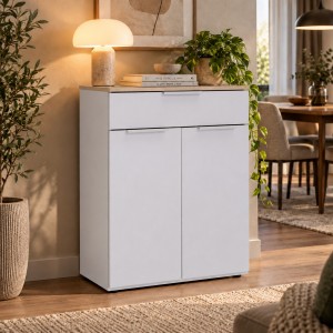 Vista ambientata Mobile base multiuso in legno con 2 ante e 1 cassetto colore "cashmere laccato/rovere baysen" modello Stain Totò Piccinni