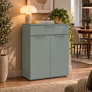 Vista ambientata Mobile base multiuso in legno con 2 ante e 1 cassetto colore "verde salvia laccato" modello Stain Totò Piccinni