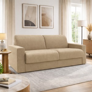 Vista ambientata Divano letto ribaltone colore Camel imbottito con braccioli materasso 16cm Totò Piccinni