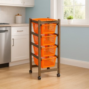 Vista ambientata Carrello salvaspazio da cucina con portafrutta in legno colore Noce Arancione con 4 cestelli