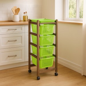 Vista ambientata Carrello salvaspazio da cucina con portafrutta in legno colore Noce Verde Chiaro con 4 cestelli