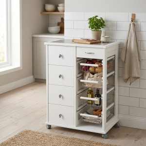 Vista ambientata Carrellino da cucina in legno salvaspazio colore Bianco modello Pokerino Totò Piccinni