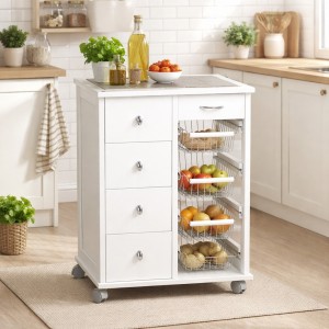 Vista ambientata Carrellino da cucina in legno salvaspazio colore Bianco modello Pokerino Totò Piccinni