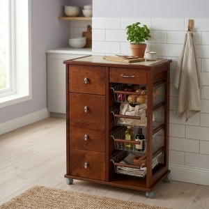 Vista ambientata Carrellino da cucina in legno salvaspazio colore Ciliegio modello Pokerino Totò Piccinni