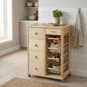 Vista ambientata Carrellino da cucina in legno salvaspazio colore Naturale modello Pokerino Totò Piccinni