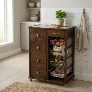 Vista ambientata Carrellino da cucina in legno salvaspazio colore Noce modello Pokerino Totò Piccinni