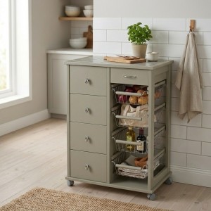 Vista ambientata Carrellino da cucina in legno salvaspazio colore Fango modello Pokerino Totò Piccinni