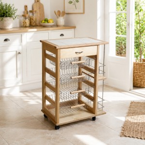 Vista ambientata Carrello portafrutta con cassetto e bottigliera in legno e cestelli in acciaio colore Naturale Totò Piccinni