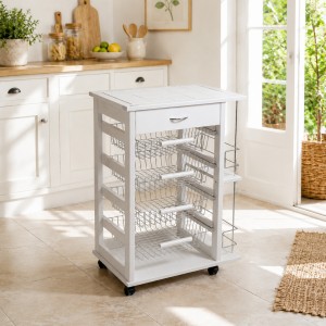 Vista ambientata Carrello portafrutta con cassetto e bottigliera in legno e cestelli in acciaio colore Bianco Totò Piccinni