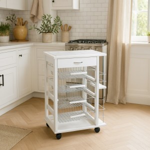 Vista ambientata Carrello portafrutta con cassetto e bottigliera in legno e cestelli in acciaio colore Bianco Totò Piccinni