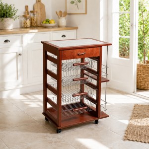 Vista ambientata Carrello portafrutta con cassetto e bottigliera in legno e cestelli in acciaio colore Ciliegio Totò Piccinni