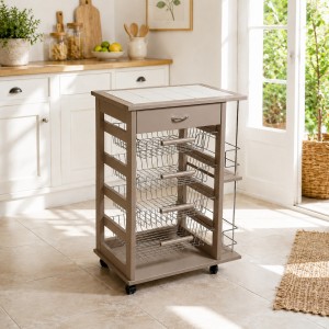 Vista ambientata Carrello portafrutta con cassetto e bottigliera in legno e cestelli in acciaio colore Fango Totò Piccinni