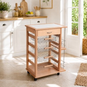 Vista ambientata Carrello portafrutta con cassetto e bottigliera in legno e cestelli in acciaio colore Rovere Totò Piccinni