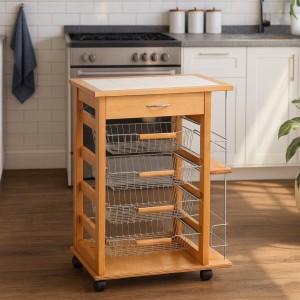 Vista ambientata Carrello portafrutta con cassetto e bottigliera in legno e cestelli in acciaio colore Rovere Totò Piccinni