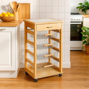 Vista ambientata Carrello portafrutta da cucina in legno con cestelli in acciaio colore Naturale con rotelle Totò Piccinni