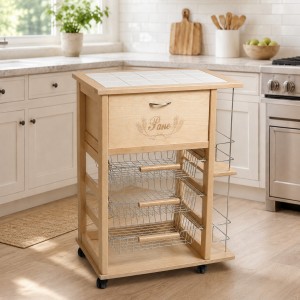 Vista ambientata Carrello salvaspazio portapane da cucina in legno colore Naturale con cestelli in acciaio Totò Piccinni