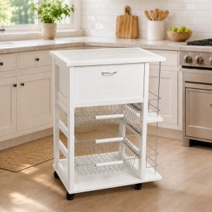 Vista ambientata Carrello salvaspazio portapane da cucina in legno colore Bianco con cestelli in acciaio Totò Piccinni