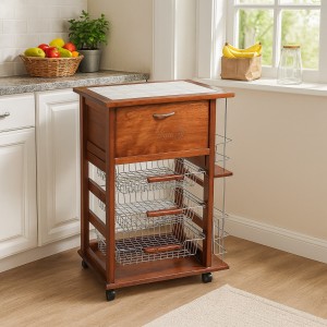 Vista ambientata Carrello salvaspazio portapane da cucina in legno colore Ciliegio con cestelli in acciaio Totò Piccinni