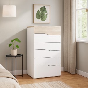 Vista ambientata Cassettiera camera da letto in legno colore "Bianco/Rovere" con 6 cassetti modello Ardesia Totò Piccinni