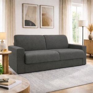 Vista ambientata Divano letto ribaltone colore Cenere imbottito con braccioli materasso 16cm Totò Piccinni