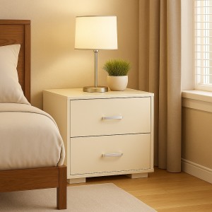 Vista ambientata Comodini per camera da letto in legno colore Bianco Caldo con 2 cassetti Totò Piccinni 