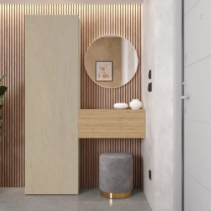 Vista ambientata Consolle Ingresso in legno 123x185h colore "argilla - rovere cadiz" modello Modula Totò Piccinni