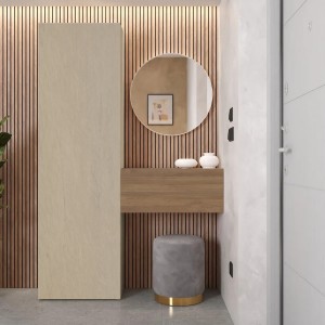 Vista ambientata Consolle Ingresso in legno 123x185h colore "argilla - rovere mercure" modello Modula Totò Piccinni