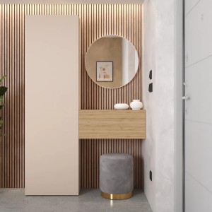 Vista ambientata Consolle Ingresso in legno 123x185h colore "cashmere - rovere cadiz" modello Modula Totò Piccinni