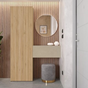 Vista ambientata Consolle Ingresso in legno 123x185h colore "rovere cadiz - argilla" modello Modula Totò Piccinni