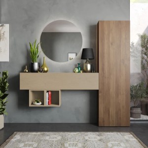 Vista ambientata Consolle ingresso 192x185h in legno colore "rovere mercure - argilla" modello Modula Totò Piccinni