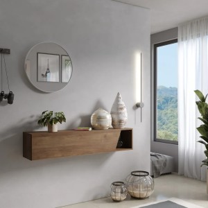 Vista ambientata Consolle sospesa con anta sagomata reversibile colore rovere mercure 138x28h modello modula totò piccinni
