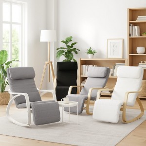 Poltrone a Dondolo LIBERTY con Braccioli e Poggiapiedi Regolabile, in Tessuto imbottita e con Struttura in Legno di betulla