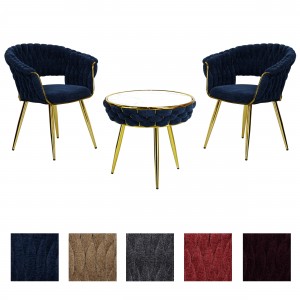set tavolino 2 poltroncine vellutato imbottito con finitura in oro