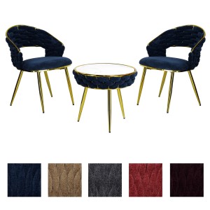 set tavolino 2 poltroncine vellutato imbottito con finitura in oro