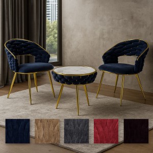 Set Tavolino e 2 Poltroncine ROYAL C intrecciati in morbida ciniglia vellutata imbottita con finitura oro