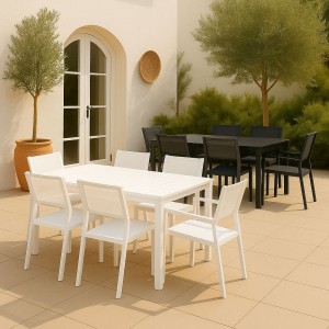 set pranzo con tavolo allungabile 160/240 in alluminio con 4 sedie senza braccioli e 2 con braccioli modello Linosa Totò Piccinni