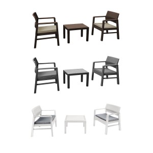 set in polipropilene simil rattan 2 poltrone e tavolino con cuscini