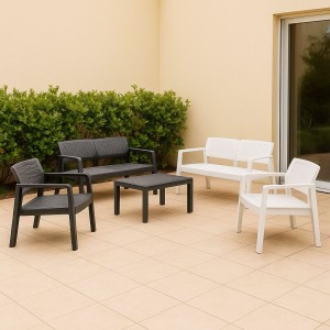 set da esterno in polipropilene simil rattan 2 poltrone 1 divano e tavolino