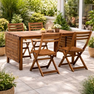Vista ambientata Set tavolo allungabile 140/197/254 con 4 sedie Pieghevoli in legno modello Arleston Totò Piccinni