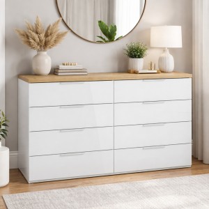 Vista ambientata cassettiera in legno doppio cassettone colore "bianco lucido/rovere riviera" modello Orbis Totò Piccinni