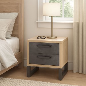 Vista ambientata Comodino da camera da letto in legno colore "Rovere Antico/Tadao Da2" con 2 cassetti Sylva Totò Piccinni