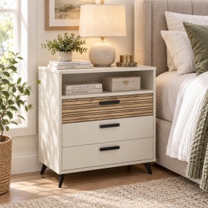 Vista ambientata Cassettiera camera da letto in legno colore "Cannettato/Cashmere" con 3 cassetti 