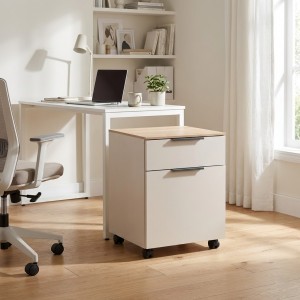 Vista ambientata Cassettiera in legno con 1 anta e 1 cassetto con ruote colore "cashmere/rovere artisan" modello Haven Totò Piccinni 