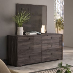 Vista ambientata Cassettiera in legno 6 cassetti colore "olmo jarez/grigio laccato" 138x45x85h modello Alma Totò Piccinni 