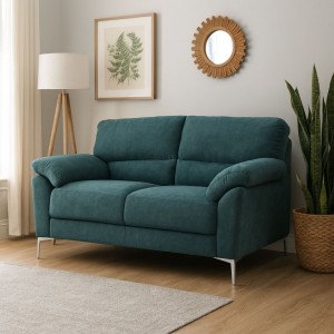 Vista ambientata Divano 2 Posti in tessuto imbottito colore Petrolio con braccioli e piedini in metallo modello Giada Totò Piccinni