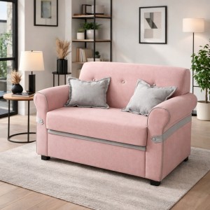 Vista ambientata Divano moderno 2 posti in Tessuto imbottito colore Rosa con braccioli Totò Piccinni