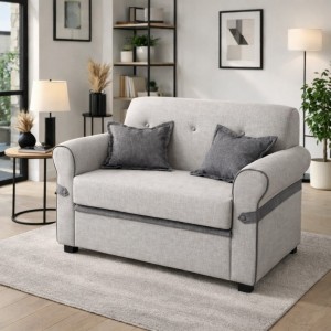 Vista ambientata Divano moderno 2 posti in Tessuto imbottito colore Grigio Chiaro con braccioli Totò Piccinni