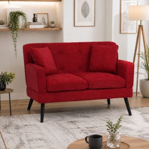 Vista ambientata Divano 2 Posti in tessuto colore Patchwork Bordeaux con braccioli e piedi in legno modello Ketty Totò Piccinni