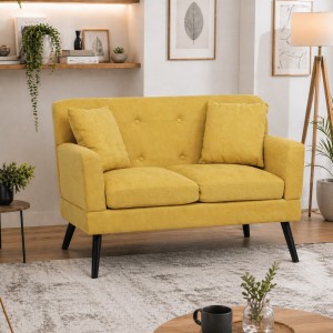 Vista ambientata Divano 2 Posti in tessuto colore Patchwork Giallo con braccioli e piedi in legno modello Ketty Totò Piccinni